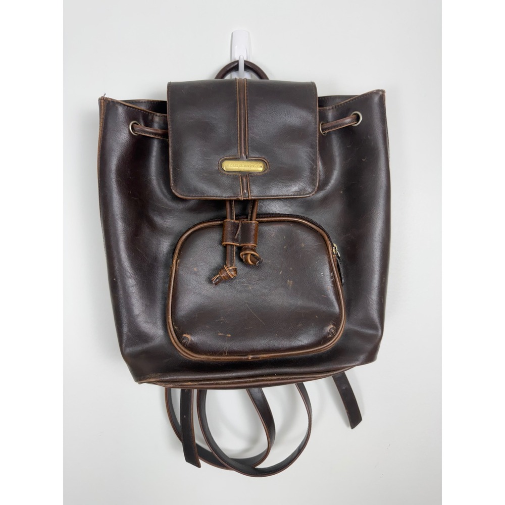 Liz Claiborne VTG 1990s Brown Faux Leather Drawstring Daypack Backpack Academia